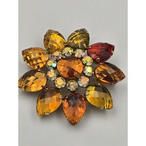 Joan Rivers Vintage Flower Brooch Pin Gold Tone Multi-Color Faceted Rhinestones
